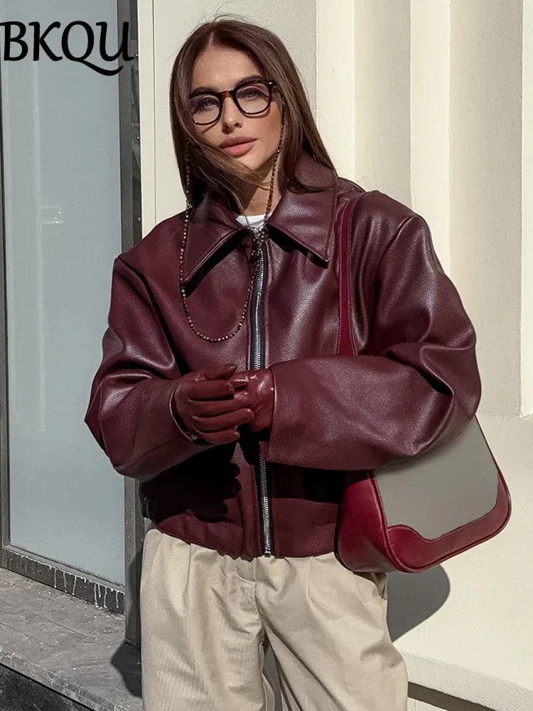 BKQU Wine Red Faux Leather Jackets 2024 Women's Moto Biker Zipper Long Sleeve Short Coats Fashion Autumn Winter Street Outerwear