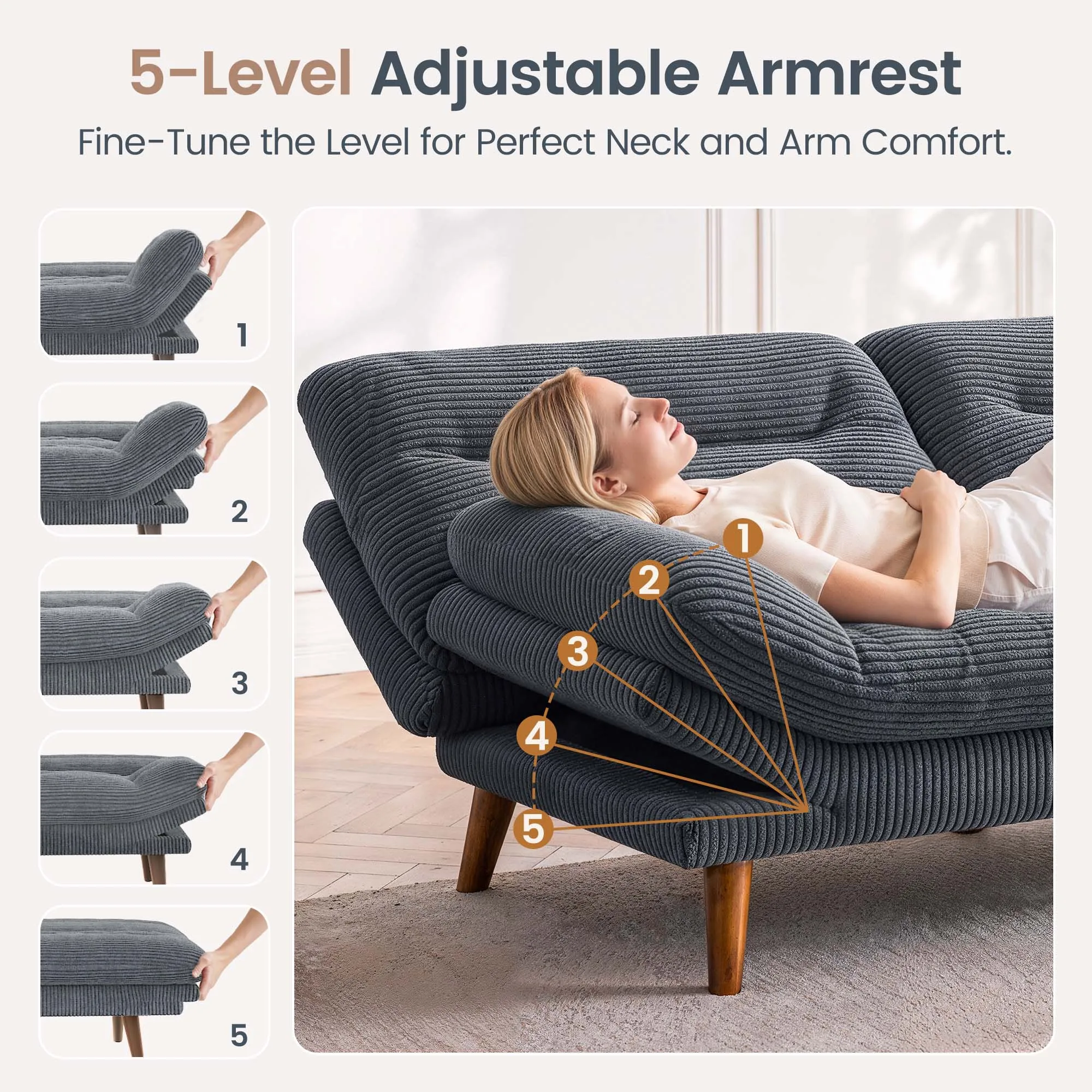 3-in-1 Convertible Futon Sofa Bed, Adjustable Backrest & Armrests, Corduroy Loveseat Sleeper Couch with Solid Wood Frame, 500lbs Weight Capacity, Small Sofa for Compact Apartment, Studio, Office, Living Room, Guest Room