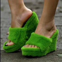 New Women's Wedge Heel Shoes Women High-heeled Furry Drag Fashion Outdoor All-match Sandal Slippers Furry Slides Fur Slippers 43