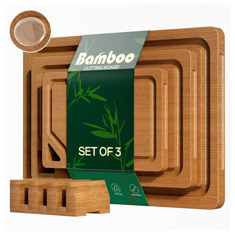 

Cutting Board Set with Holder3 Packs Wood cutting boards with NonSlip Rubber Padding, Deep Juice Grooves amp Builtin Handles, Ba