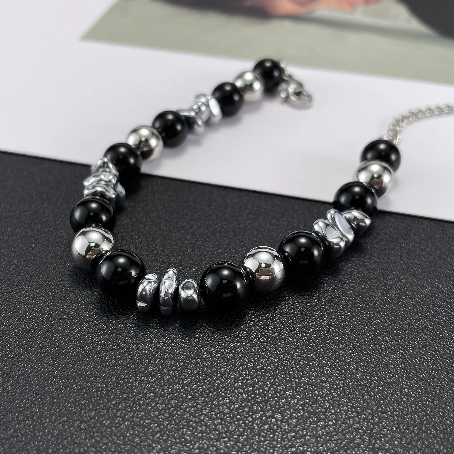 Hot Sale Double Black Agate Bracelet for Men and Women Natural Stone Stainless Steel Chain Bangles Handmade Jewelry Couple Gifts