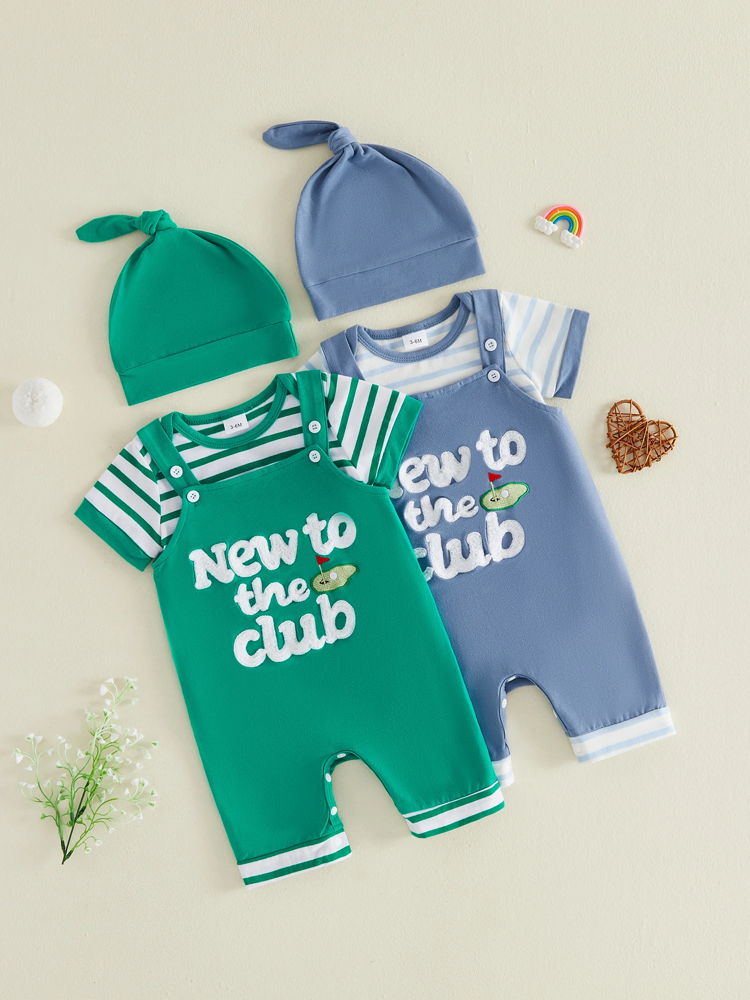 

Повседневный полосатый комбинезон с короткими рукавами для маленьких мальчиков, комбинезон с вышивкой в ​​стиле гольф и подходящая шапка, комплект из 3 предметов на лето