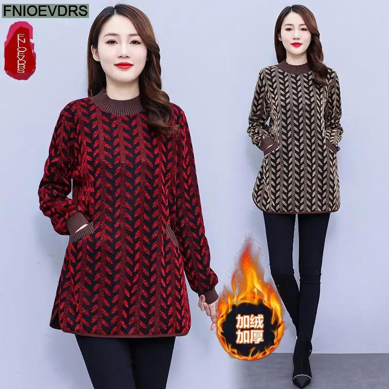L-5XL Loose Clothes Women Winter Warm Thick Basic Wear Elegant Office Lady Casual Print Retro Vintage Ruffles Velvet Tops Blouse