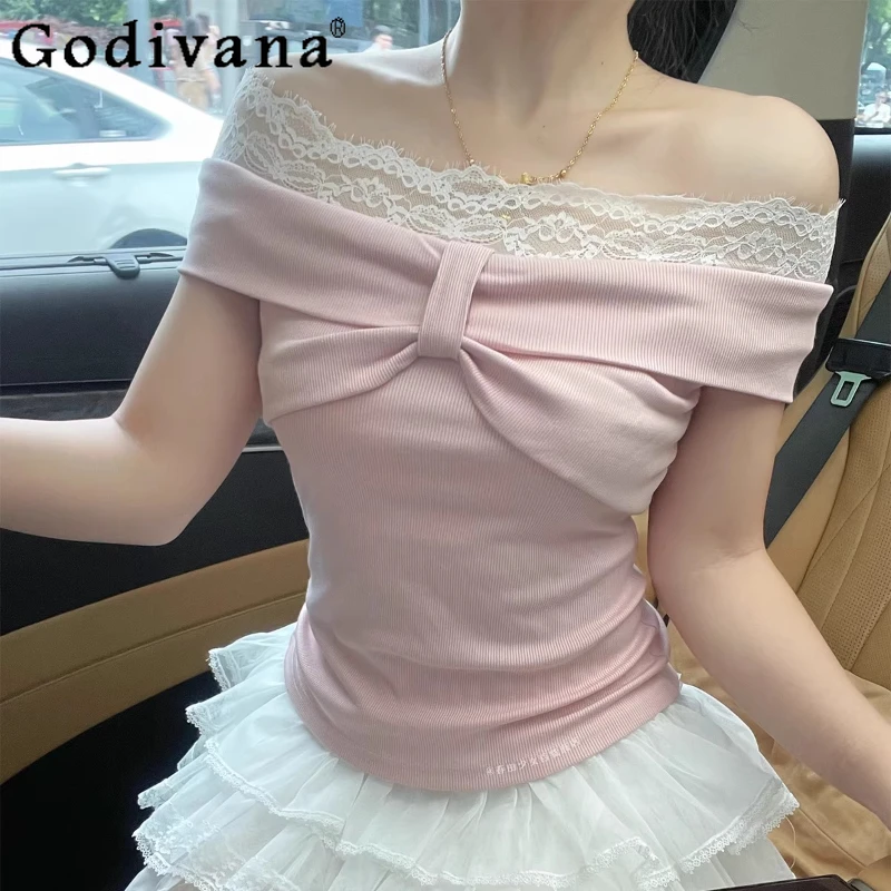 

Sweet Pink Sexy Lace Slash Neck Knitted Sweater Women Summer Cute Bow Top New Slim Korean Fashion Versatile Short Sleeve T-shirt