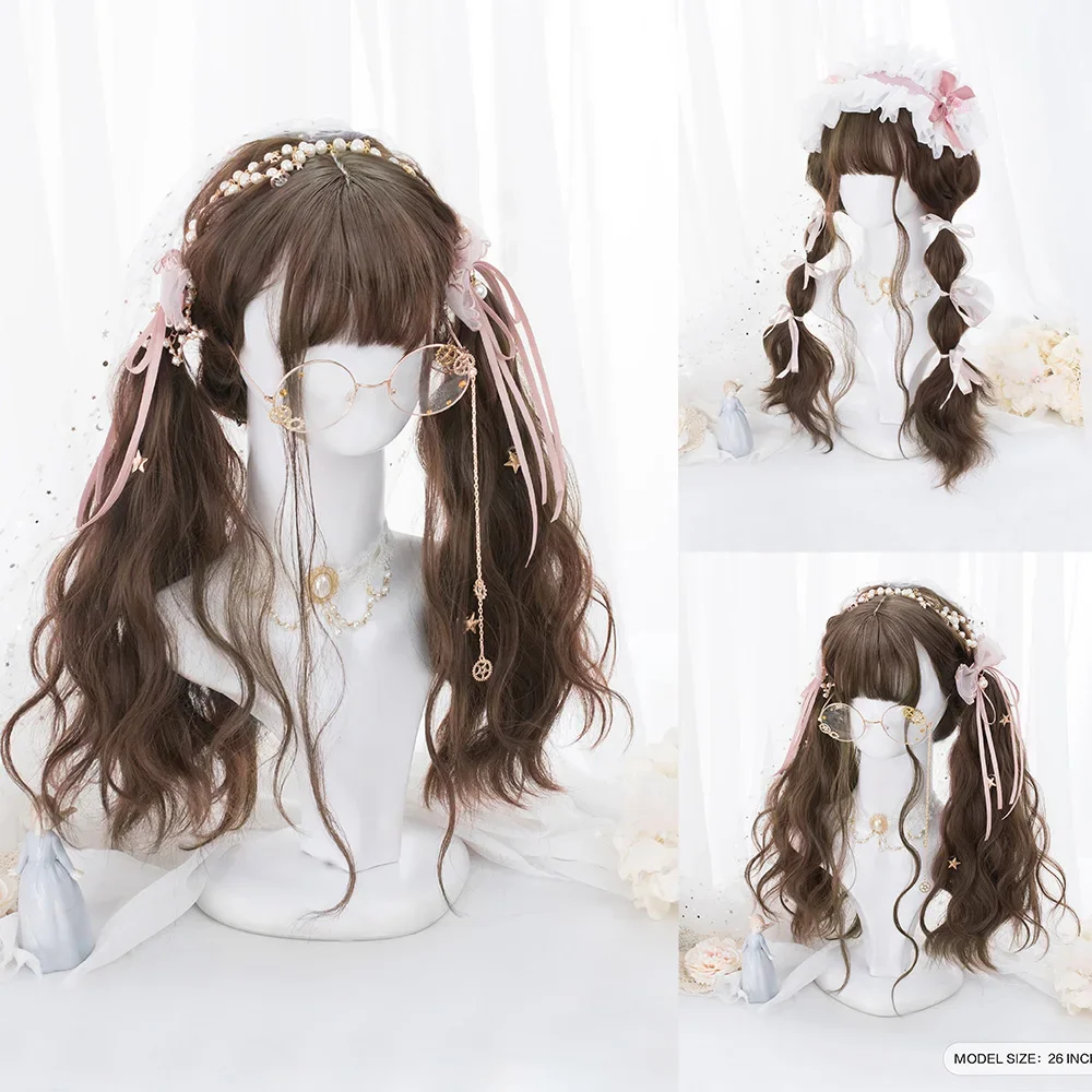 26Inch Chocolate Color Synthetic Wigs with Bang Long Natural Wavy Hair Wig for Women Daily Party Cosplay Heat Resistant Lolita