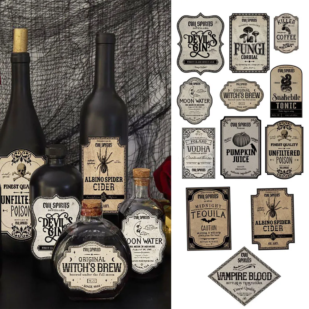 12/24 قطعة هالوين الرجعية الساحرة الكتابة على الجدران جرعة ملصقات زجاجة نبيذ شرب تسميات ملصق سعيد هالوين حفلة الرعب الديكور
