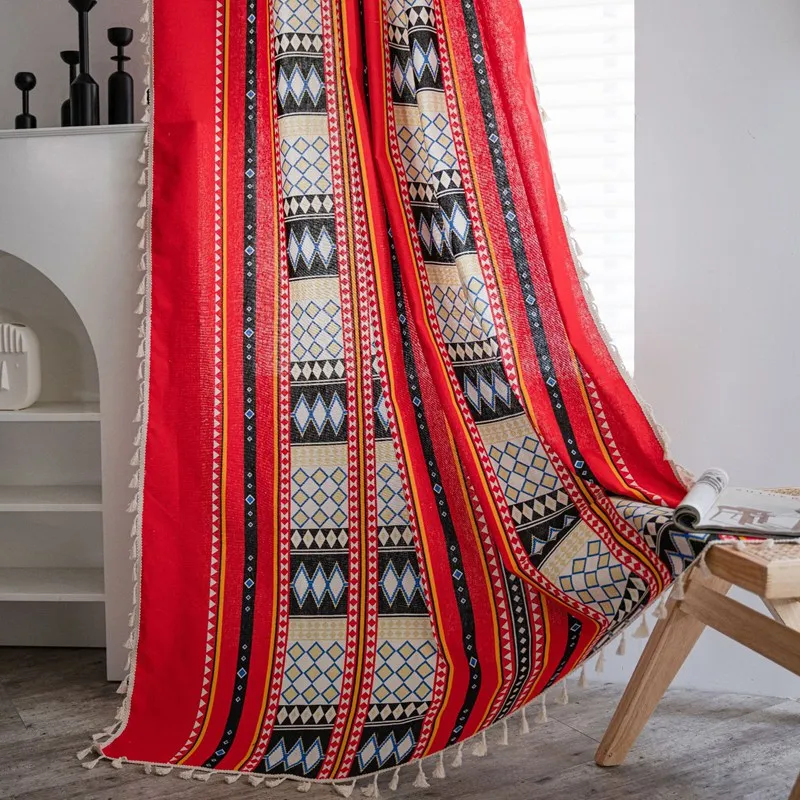 

Bohemian Style Cotton Linen Red Geometry Curtain Thick with Tassels Curtains for Living Room Kitchen Valance Home Life Drapes