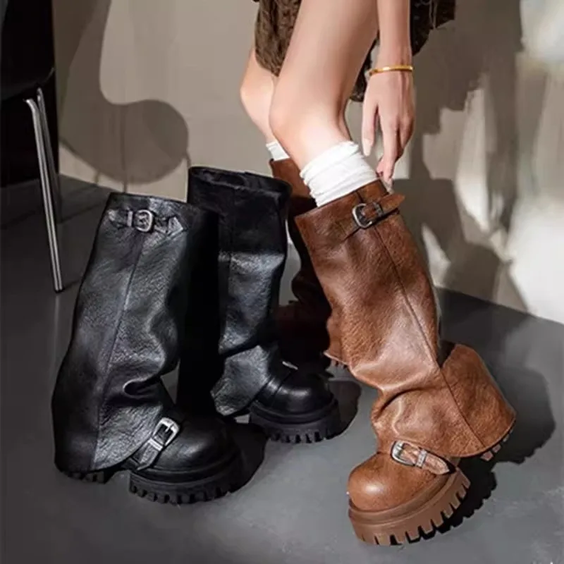 

Platform Chunky Women High Boots Fad Buckle Leather Mid Heels Shoes 2025 Trend Designer Knee High Mortorcycle Winter Botas Mujer