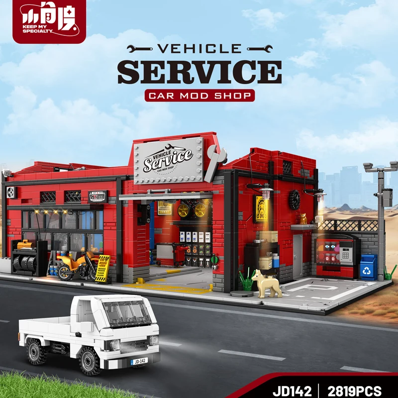 

2819pcs Vehicle Service Car Mod Shop,Car Repair Street View LED Model Ornaments,Lighting Creative Building Blocks DIY Toys Gifts