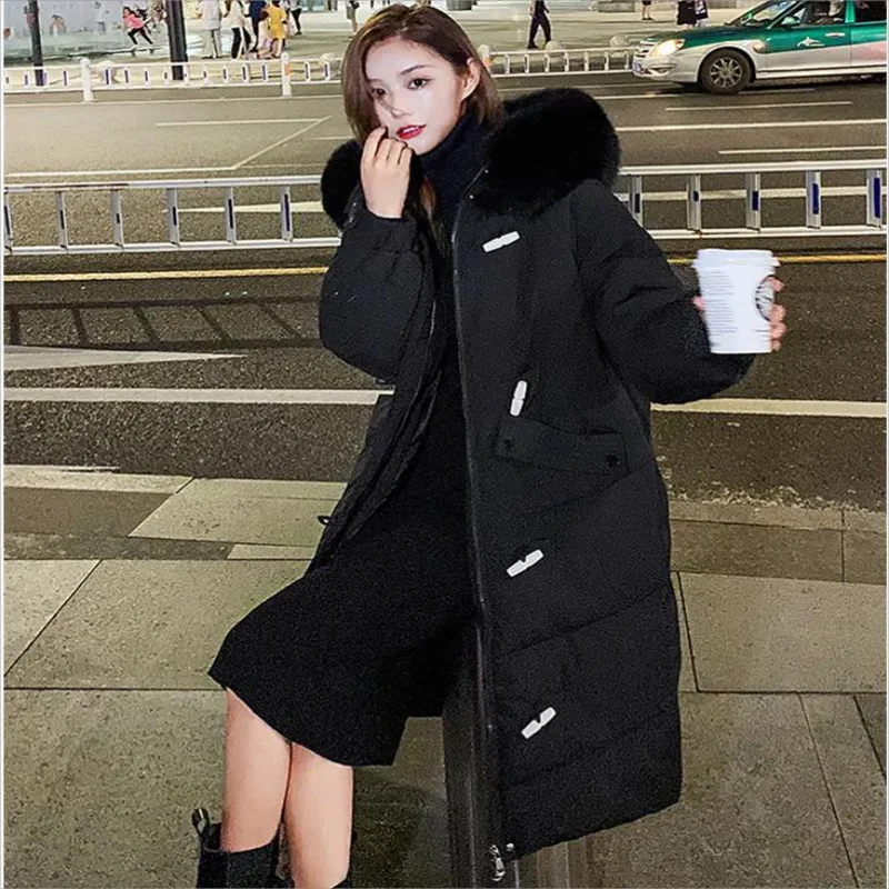 2024 New Women Mid-Length Horn Buckle Down Cotton Coat Winter Parkas hooded Thick Warm Padded Jacket Female Slim Outerwear