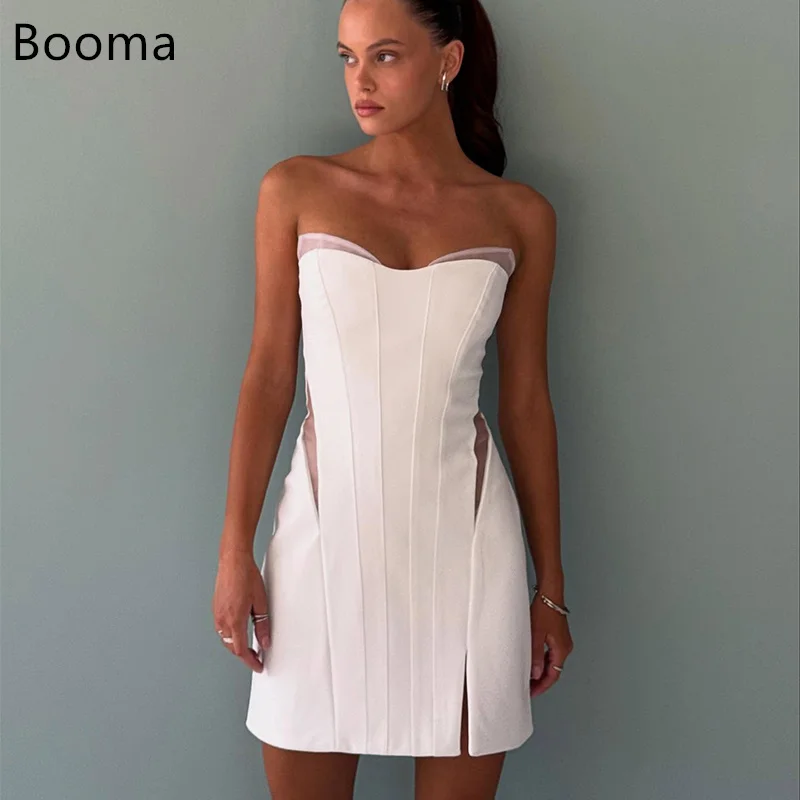 

Booma A-Line Simple Mini Wedding Dresses Strapless Sleeveless Ivory Satin Elegant Brides Gown Custom Made 2025