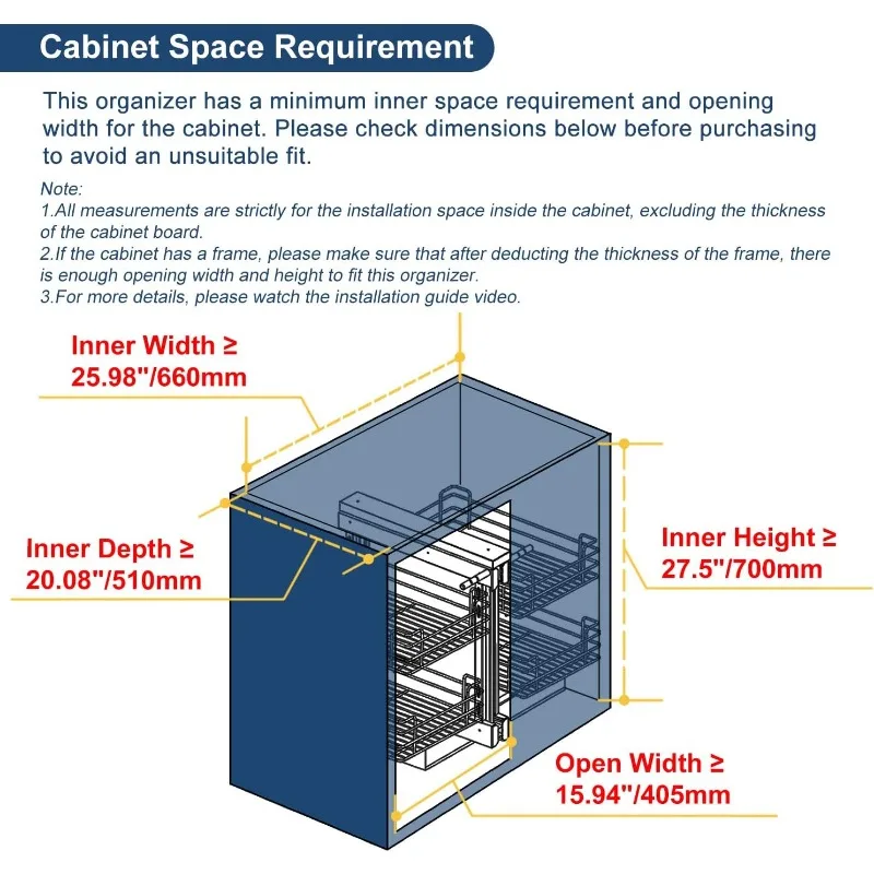 Выдвижной органайзер для слепых углов для шкафа диаметром 36 дюймов, совместим с левым и правой открытием, с минимальным отверстием, 15 дюймов, 2-уровневая выдвижная корзина