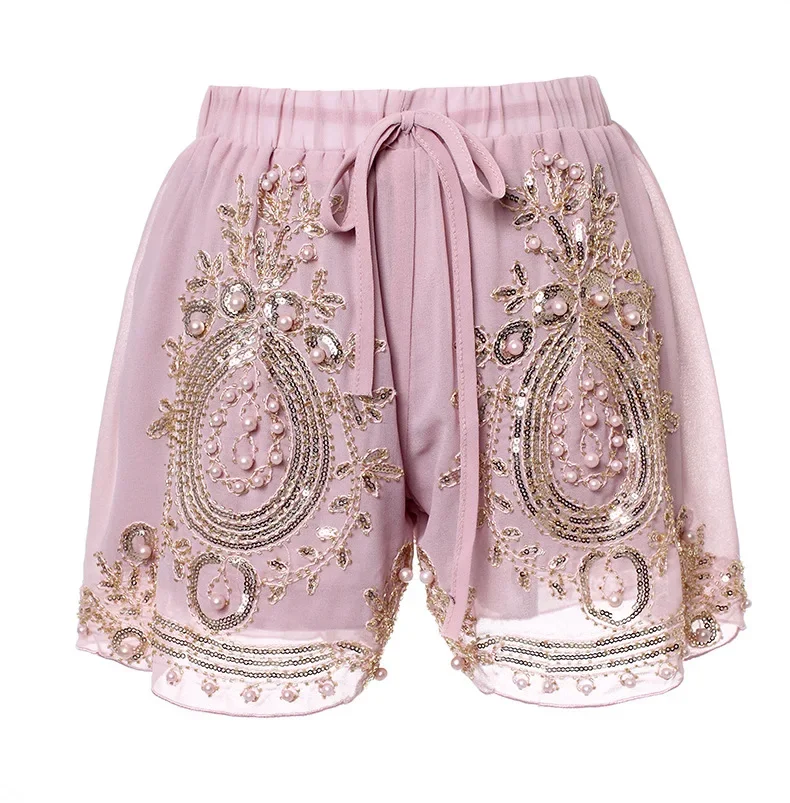 Embroidery Sequined Shorts for Women, Vintage Gold Embroidery Short Pants