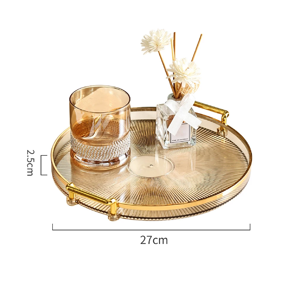 1PCS Acrylic Round Tray,Multipurpose Double Ear Plate with Gold Handles for Coffee Fruits,Storage Trays Living Room Decorative