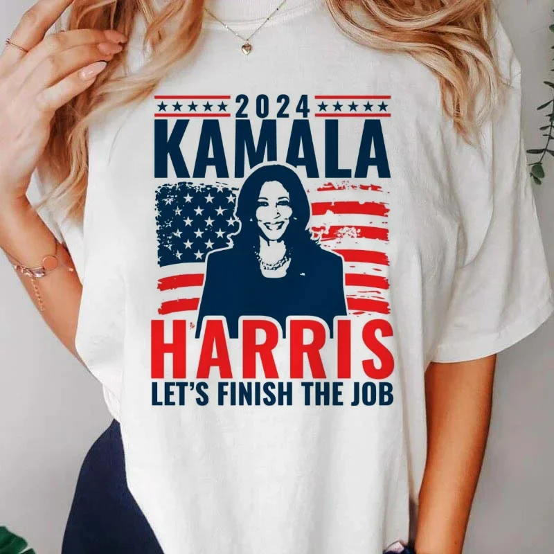 Vintage Kamala Harris Let's Finish The Job Printed Round Neck T-Shirt Harajuku 90s Fashion Trendy Street Short Sleeve Clothes