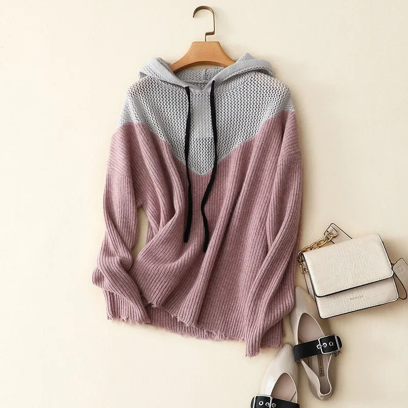 europe trendy loose hollow out designs100% cashmere hoodies sweater for women