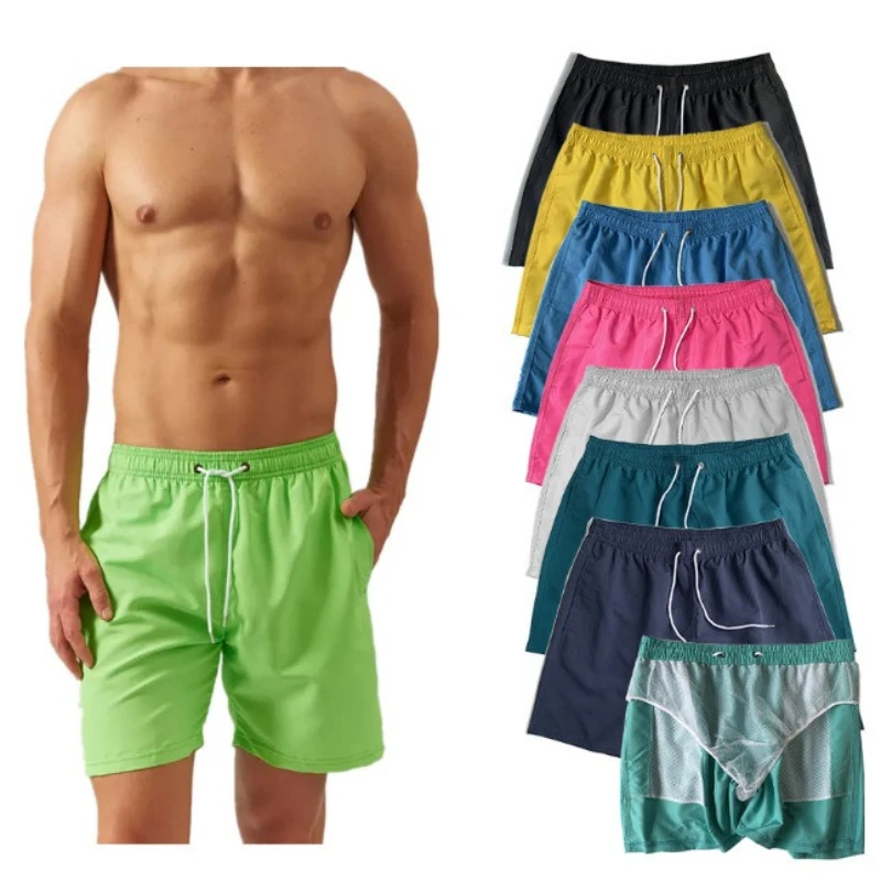 Quick Dry Men's Running Shorts Casual Cool Multiple Color Drawstring Shorts with Lining Boxer Beach Surfing Swimming Trunks