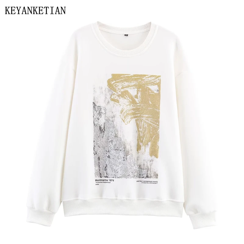 

KEYANKETIAN осенний новый женский белый пуловер с капюшоном и круглым вырезом, длинными рукавами и принтом граффити, женский топ