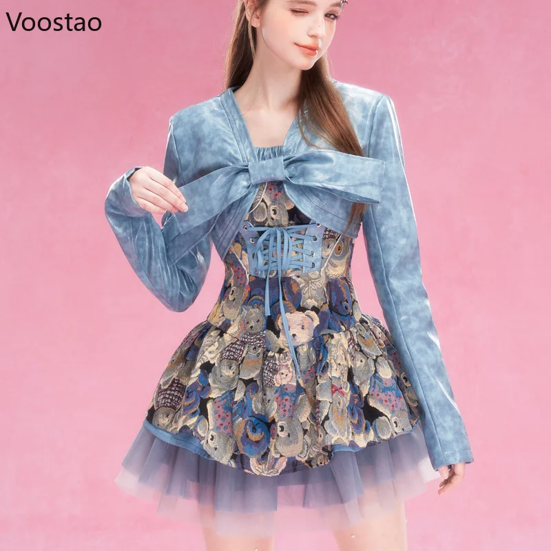 Y2k Princess Sweet Lolita Dress Set Women Vintage Chic Bow Blue Coat Cartoon Bear Print Slim Dress Female Casual Elegant Suit