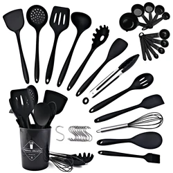 Black Silicone Cooking Utensils Set Non-Stick Spatula Shovel Soup Spoon Cooking Tools Set BPA Free Kitchen Tool Accessories