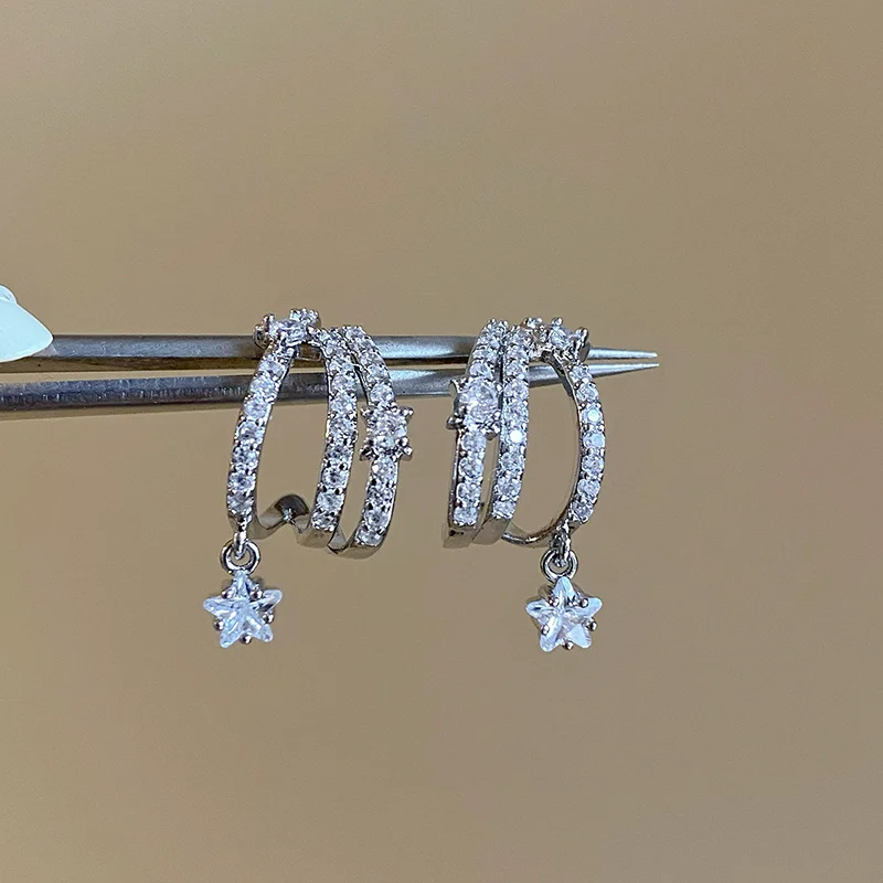 2026 Multi‑Layer Micro-Set Zircon Star Pendant Silver Color Stud Earrings for Women Luxury Trendy Jewelry Elegant Ear Accessory