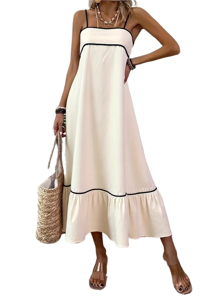 

Women's Summer New Spaghetti Strap Dress Sweet Solid Fashion Elegant Casual Loose Beach Party Dresses For Women Robe Femme