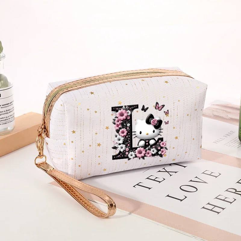 Hello Kitty Sanrio Cosmetic Bag Large Capacity Square Makeup Storage Pouch Anime Letter A-z Print Pencil Bags Gothic Style Gift