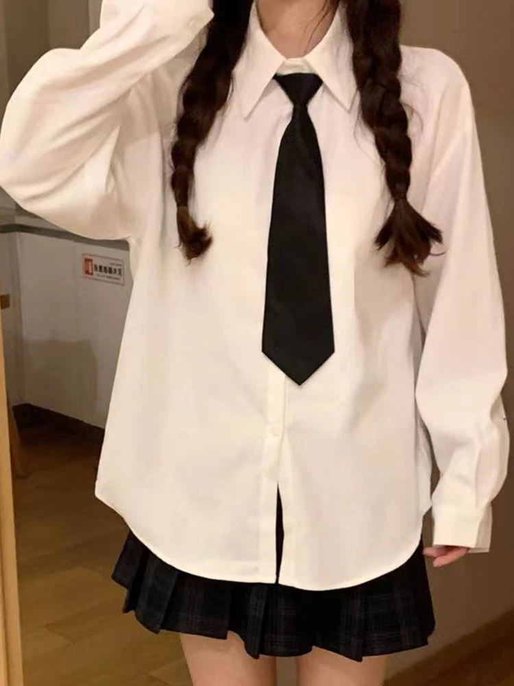 White Jk Women Shirt Tie Preppy Simple All Match Fall Loose Long Sleeve Blouse Daily Casual Fashion Japanese Uniform New Tops