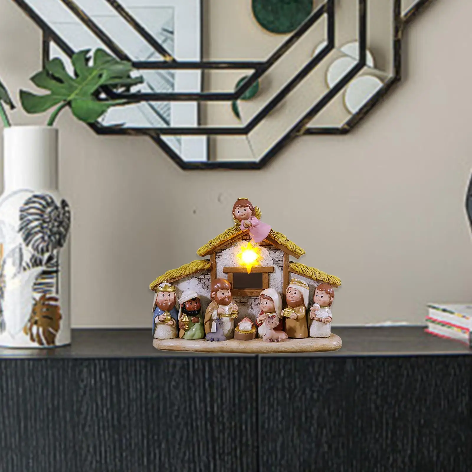 Cartoon Miniatur religiöses Harz Weihnachtskrippe Set Ornament mit Licht