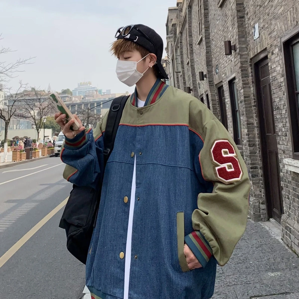 Chaqueta de Hombre Estilo Coreano para Primavera/Otoño, Cuello de Béisbol, Diseño a Rayas, Bloques de Color en Mezclilla, Bor...