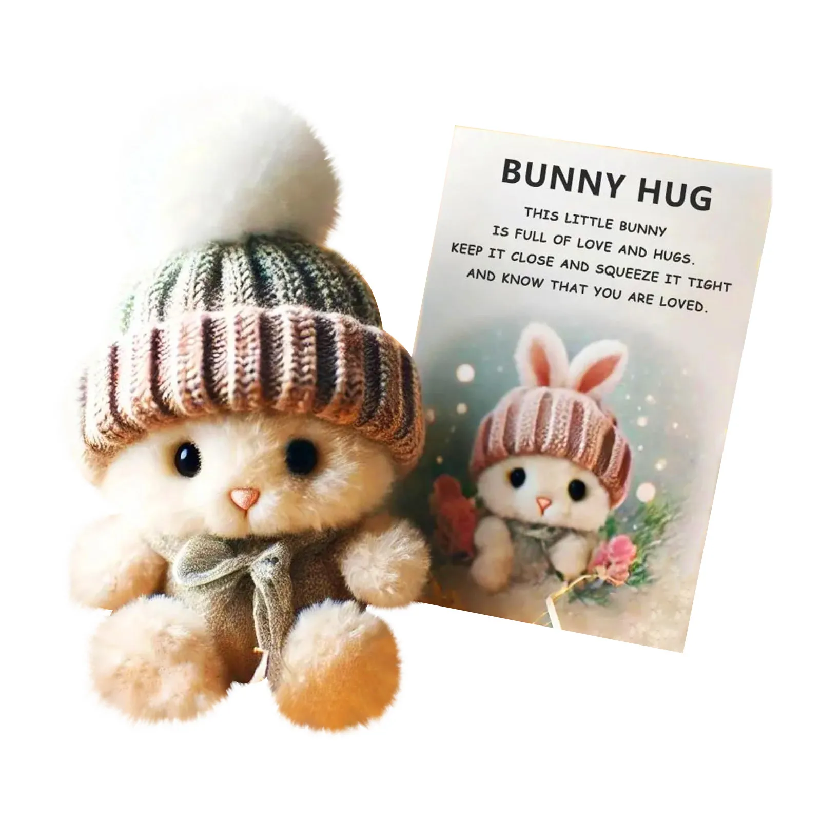 Mini Bunny Hug Cute Easter Gift Bunny Stuffed Animal Sets Plush Pocket Hug Rabbit with Knitted Hat and Pom Pom With Box Card