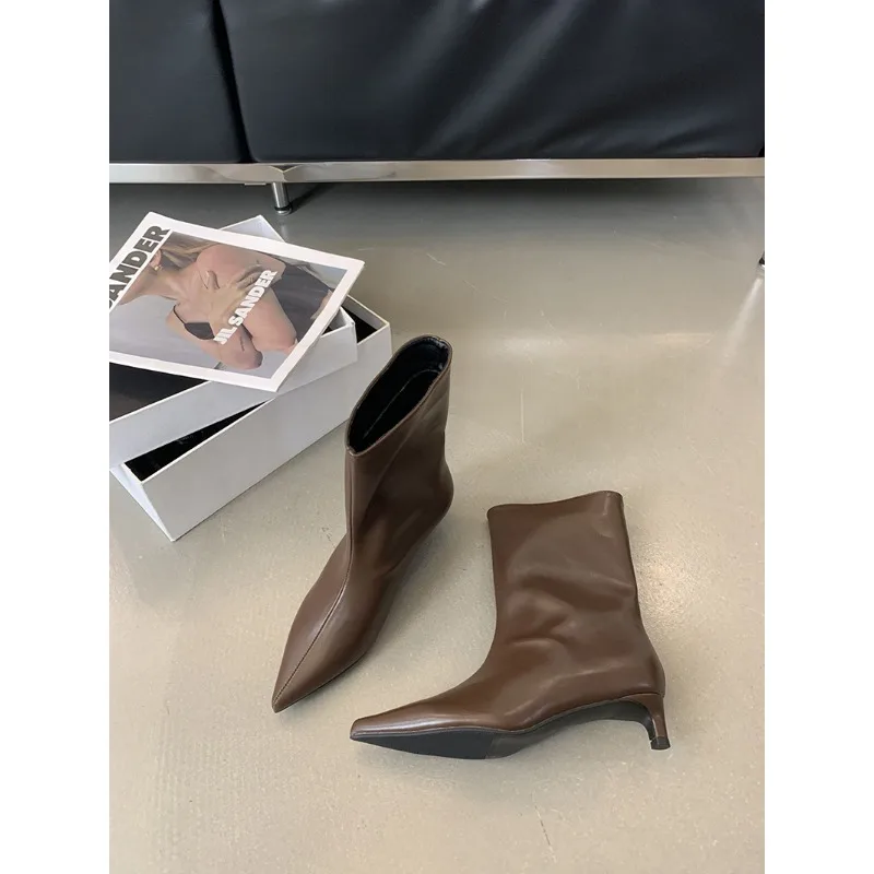 

Autumn Winter Pointed Toe Ankle Boots Women Designer Vintage Thin Low Heel Shoes Modern SHort Botas Zapatos De Mujer