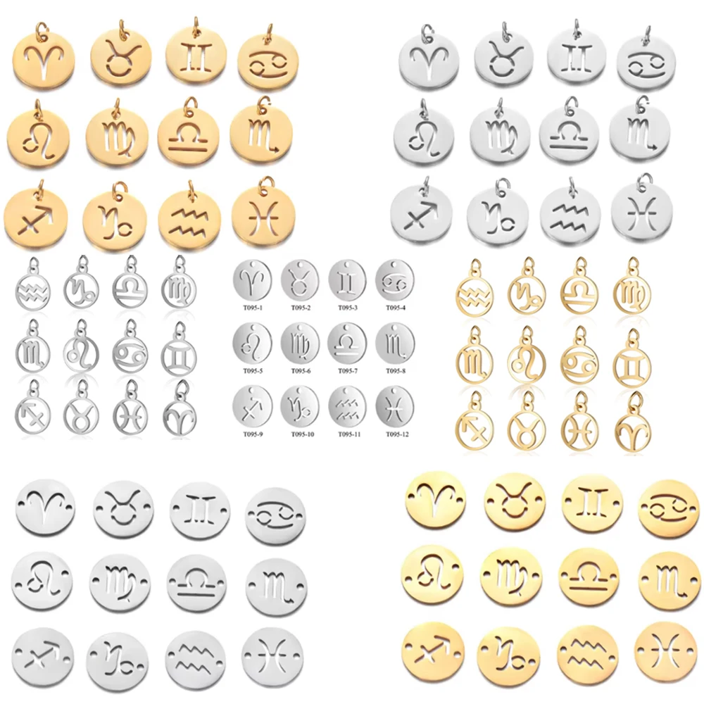 12 unids/lote de dijes del zodiaco mezclados de acero inoxidable, 12mm, pulido de espejo, signos del zodiaco, doce constelaciones, fabricación de joyas DIY