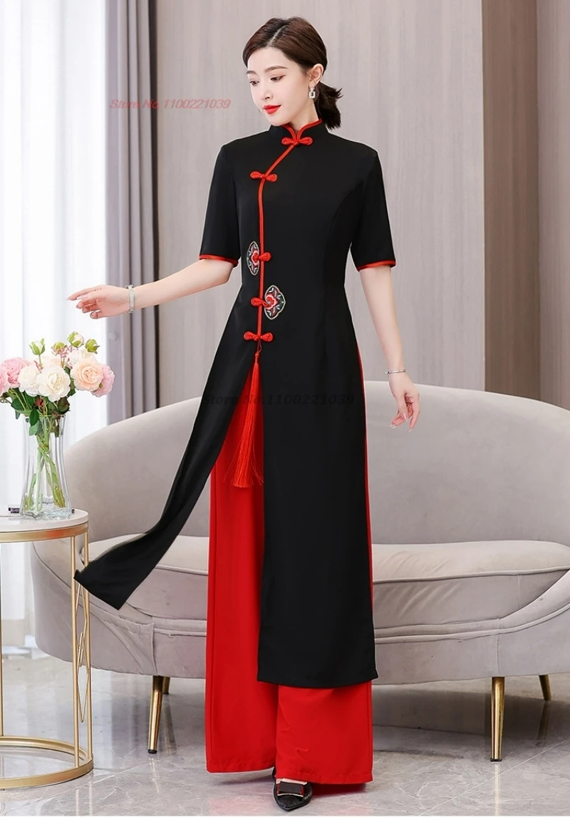2026 traditional vietnam aodai dress+pants set national flower embroidery ao dai improved qipao dress banquet party dance dress
