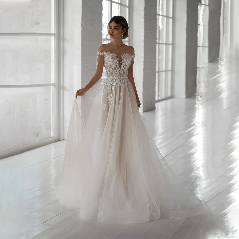 Abito da sposa con maniche lunghe in Tulle 2021 per donna Robe De MarieOff The Shoulder Sweep abito da sposa Appliques principessa in rilievo