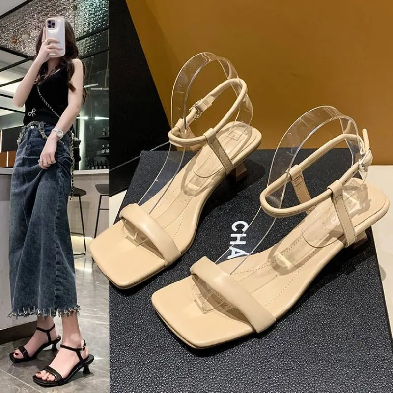 2023 Spring Summer Fashion New Women Genuine Leather Square Head Thin Mid-heel Sandals Simple Casual Shoes Female Chic Fine with