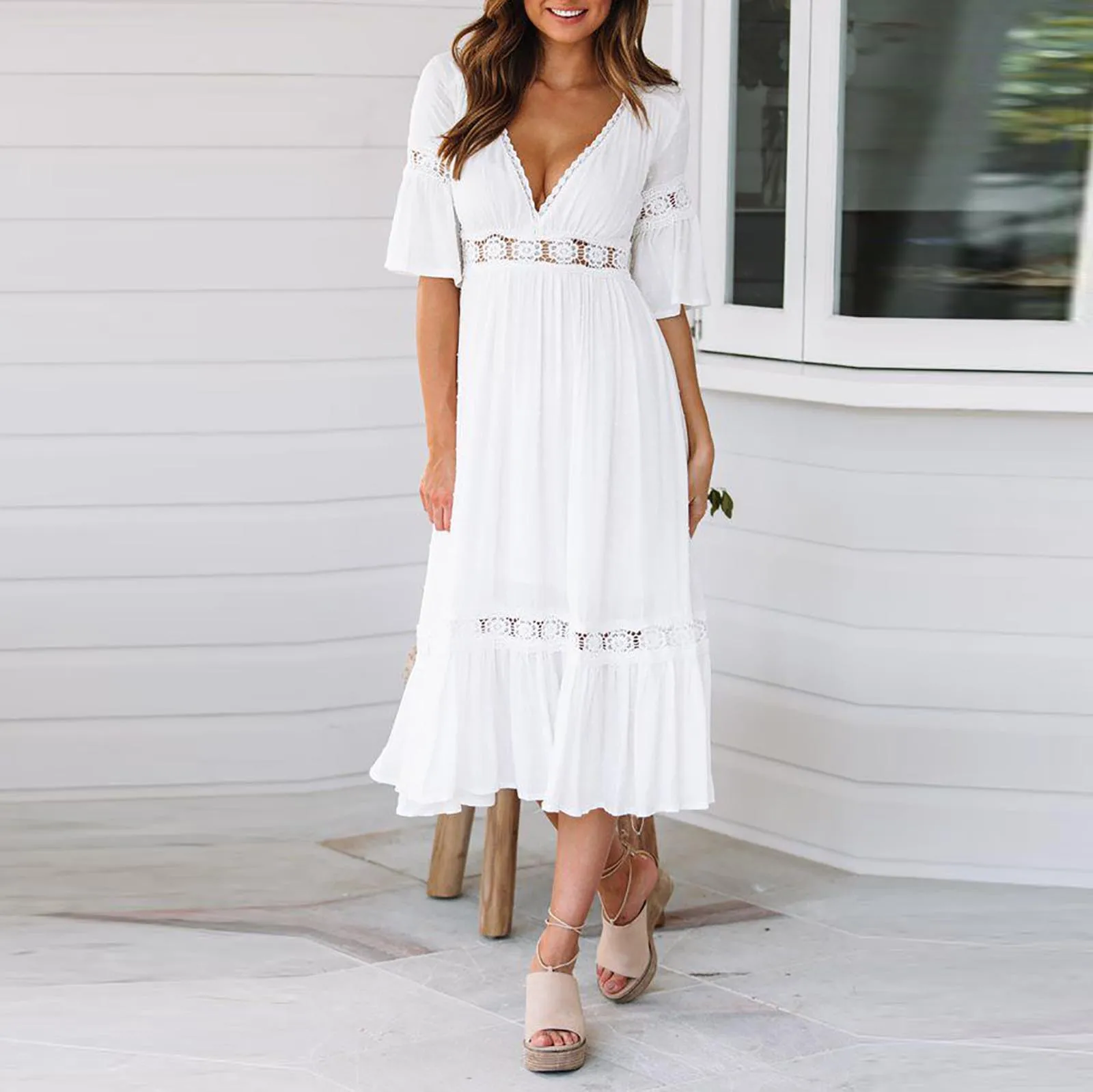 Summer White Long Dress Women Boho Hollow Out A Line Ruffles Dress Short Sleeve V-Neck Loose Fashion Casual Elegant Woman Dress