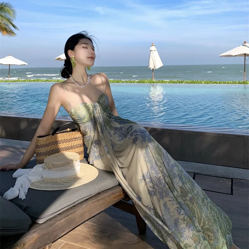 2026 Sexy Sleeveless Printed Mesh Maxi Dress Summer Beach Vacation Bodycon Slimming Long Dresses