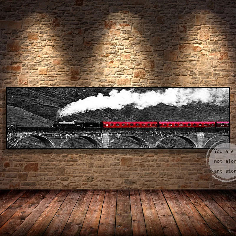 Retro Romantic Red Train Running on Railway with Long White Smoke Art Poster Canvas Painting Wall Prints Picture Room Home Decor