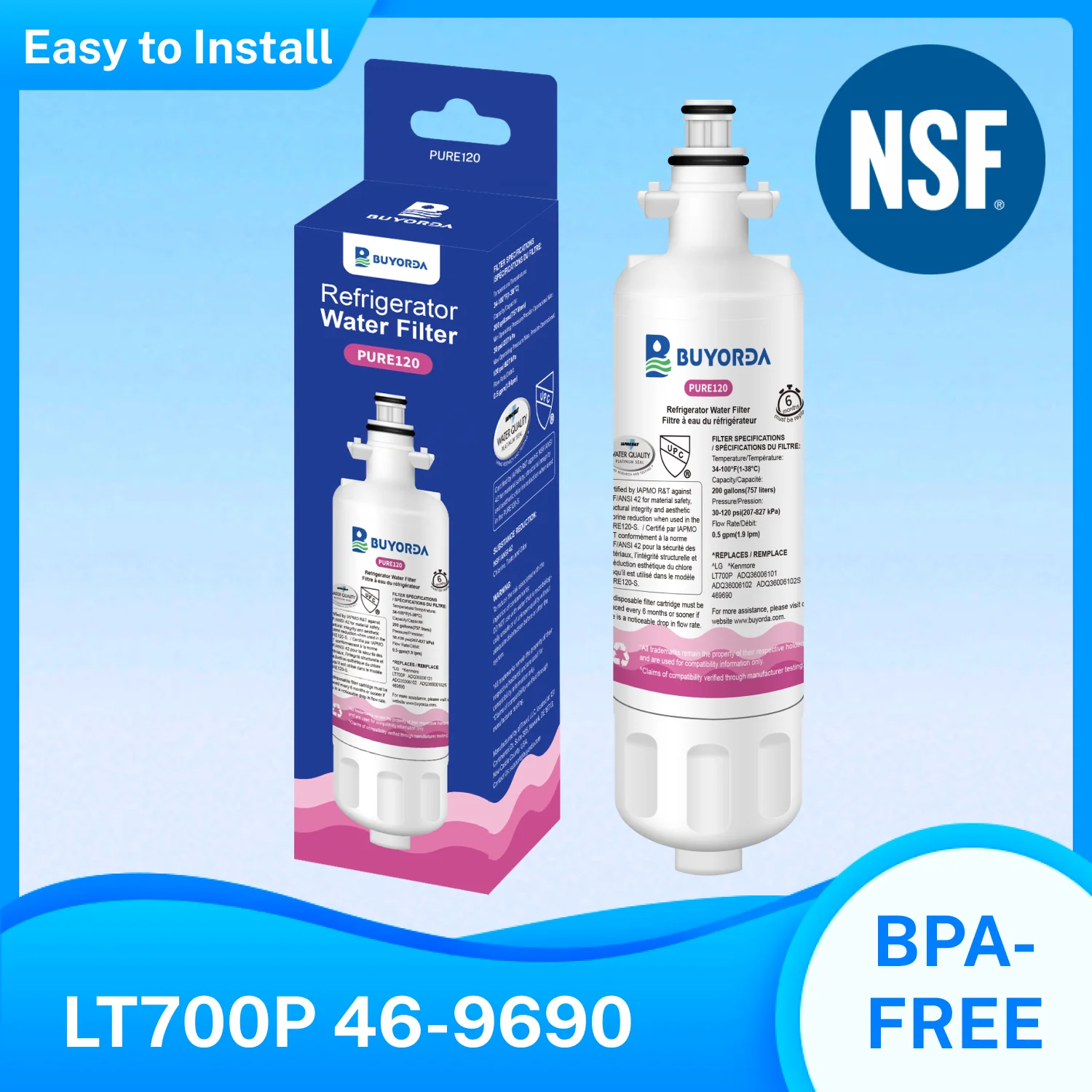 خرطوشة فلتر ماء ثلاجة ADQ36006101 بديلة متوافقة for LG LT700P ولأجهزة for Kenmore Elite 9690 46-9690 و ADQ36006102 RFC1200A WSL-3 FML-3 إزالة الطعم والرائحة