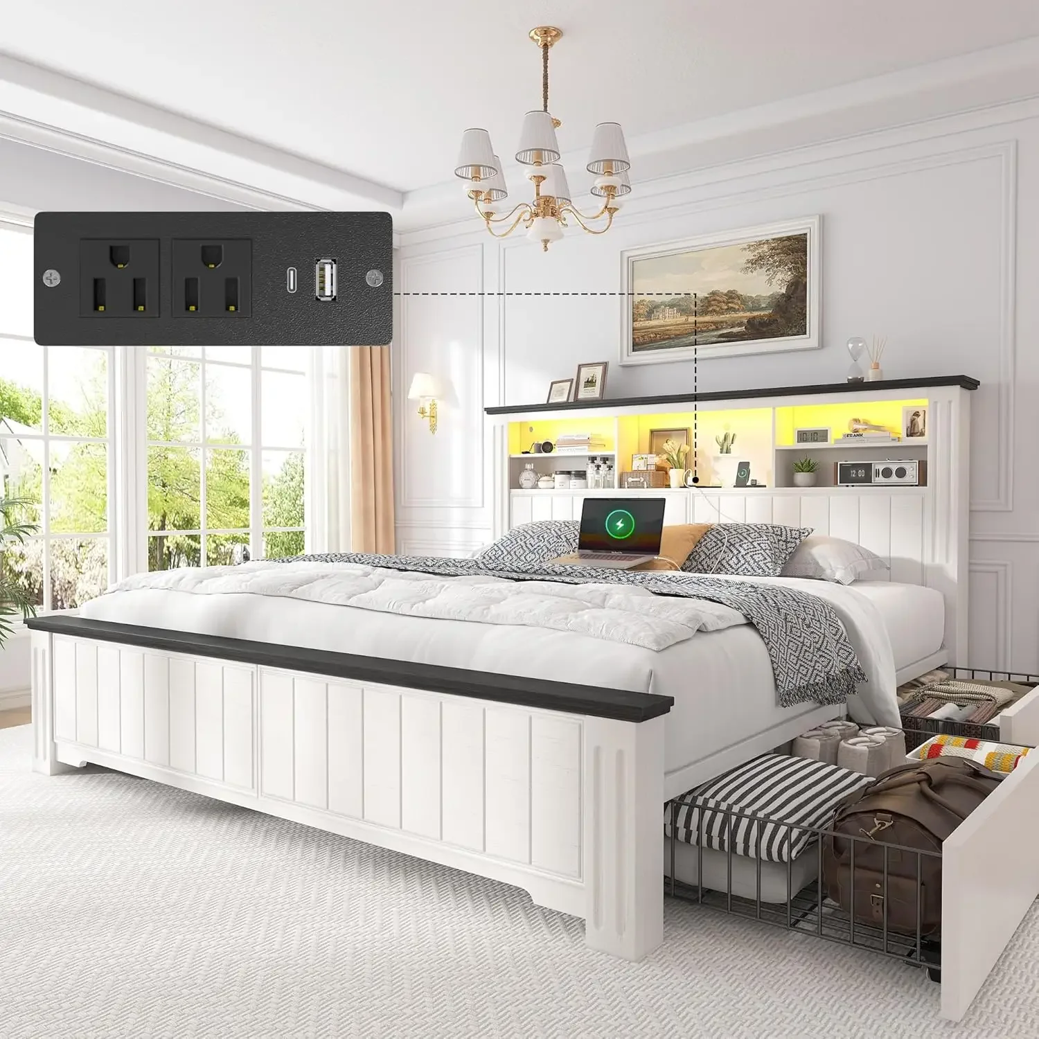 Queen size bed frame with 4 storage drawers, built-in charging station, no noise/metal support/no need for springs