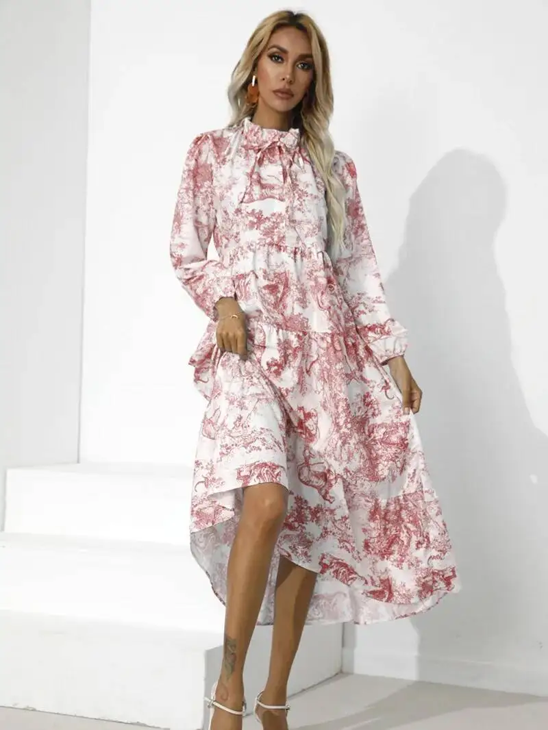 ربيع الخريف المرأة الجديدة جولة الرقبة المألوف المطبوعة طوق حزام فضفاض تسعة سنت كم طويل الأكمام فستان كاجوال BAQ7