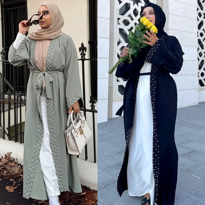 Middle East Fashion Elegance Arabian Women's Clothing Turkey Net Color Bubble Bead Muslim Lace-Up Cardigan Robe Abaya