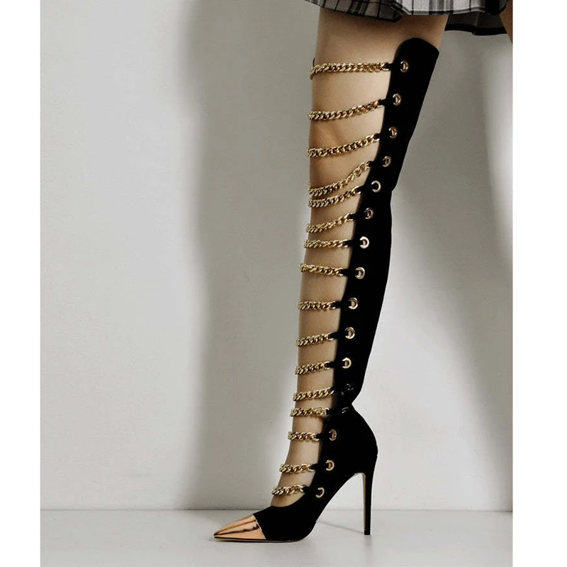 

Sexy Front Gold Chains Hollow Out Over The Knee Boots Metal Pointed Toe Thin High Heel Women Metal Chains Thigh Runway Botas