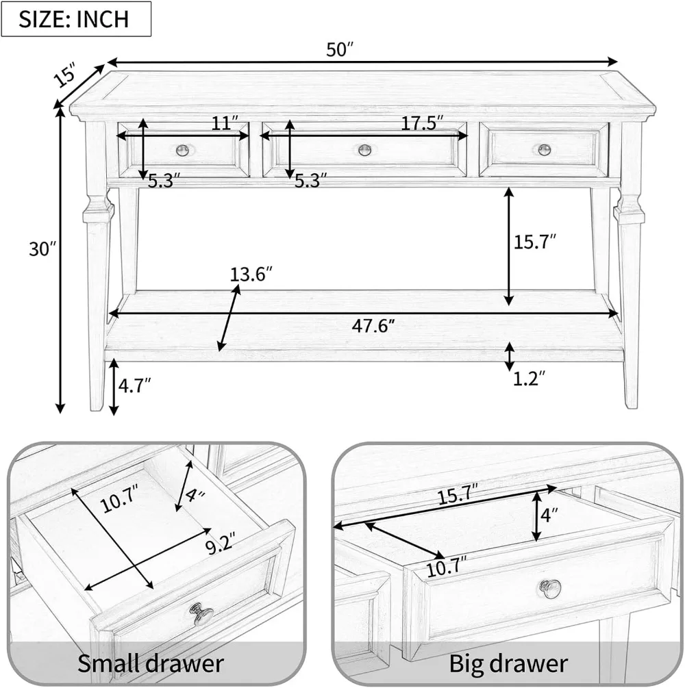 Console Table with 3 Top Drawers and Open Style Bottom Shelf, Industrial Sofa Table, Accent Cabinet Entryway