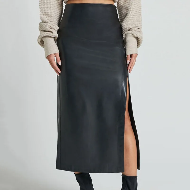 Faux Leather Moto Maxi Skirt High Waisted Side Zip Pencil Skirt Vegan Pu Split Slit Long Skirt for Women Edgy Bodycon comfort