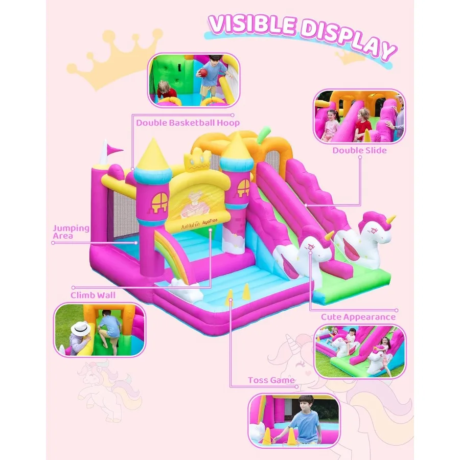 AirMyFun Надувной Bounce House Двойная горка Bounce House Розовый Крытый прыгающий замок для 3-8 6 в 1 Принцесса Bounce House с