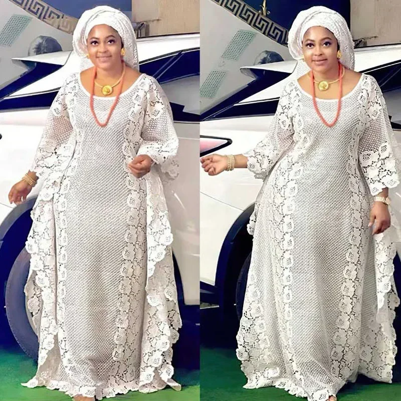 

White Lace African Dresses for Women Loose Abaya Dubai Kaftan Traditional Boubou Robe Africa Dashiki Moroccan Caftan Arabic Gown