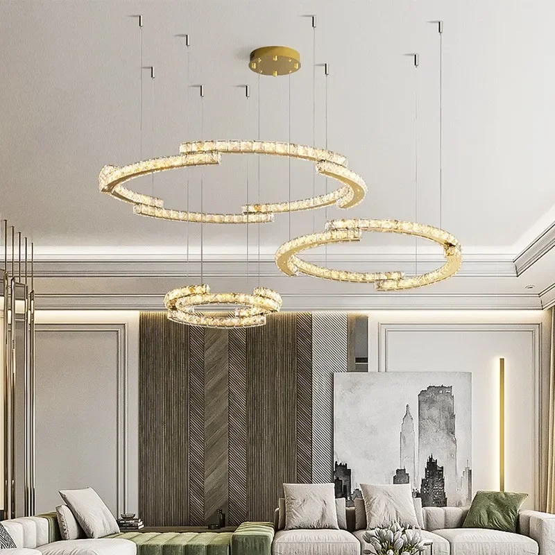 

Modern Lustre Crystals Led Pendant Lights Luxury Foyer Hanging Chandelier Light Home Steel Circle Led Luminarias Lamp Creative