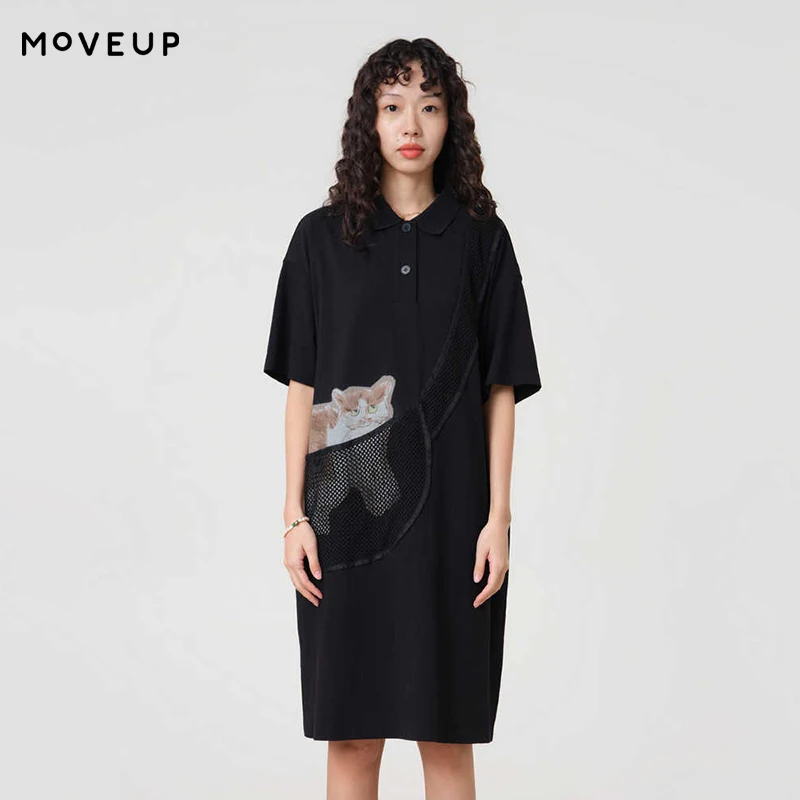 

MOVEUP Commuter Short Sleeve Polo Collar Dress 2026 Summer New Mesh Splicing Cat Printed Casual Loose Knitted Dress 3ELX11332